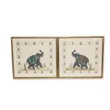 Pair of Indian Mughal Style Elephant Silk Paintings Framed