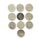 10pc Pre-1964 U.S. 90% Silver Washington Quarters