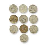 10pc Pre-1964 U.S. 90% Silver Washington Quarters