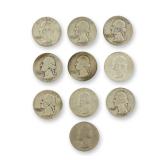 10pc Pre-1964 U.S. 90% Silver Washington Quarters