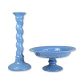 2pc Aqua Blue Compote Dish and Candlestick Holder