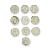 10pc Pre-1964 U.S. 90% Silver Washington Quarters