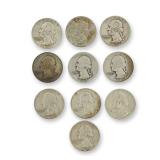 10pc Collection of US Silver Washington Quarters,1934-1963