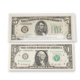 2pc 1934D, 2013 U.S. Federal Reserve One & Five Dollars Note