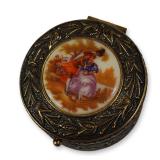 West German Gold Toned Jewelry Treasure Box with Hand Painted Scene Plaque Signed Fragonard