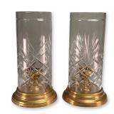 Pair of Ajka Hungarian Lead Crystal and Brass Hurricane Lamps