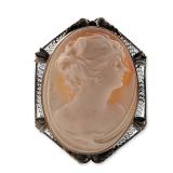 Art Deco Style 10K White Gold Shell Cameo Brooch