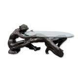 Contemporary Bronze Adam & Eve Figural Glass Coffee Table