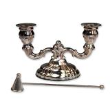 Rococo Revival Silver Plated Two Light Candelabra and Snuffer