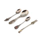 4pc Continental Silver Souvenir Spoons and Fork