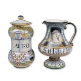 2pc Italian Majolica Hand Painted Pitcher and Lidded Albarello