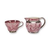 Two-Piece Wedgwood & Barlaston Ferrara Pink Transferware Set, Cup and Creamer Jug