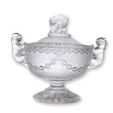 Sowerby Pressed Glass Covered Candy Dish with Cat Finial and Dog Handles