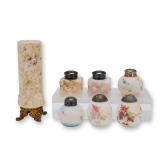 A Collection of Seven Hand-Painted Milk Glass Footed Vase and Salt Shakers