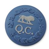 Wedgwood Blue Jasperware Pin with Lion Passant and Q.C. Motif