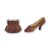 2pc Miniature High-Heeled Shoe and Matching Handbag Figurines