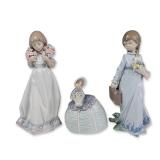 3pc Lladro Porcelain Figurines, Spring Bouquets 01007603, School Days 01007604 & Petite Maiden
