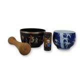 3pc Asian Items Including a Tibetan Singing Bowl, Japanese Porcelain Bowl and Japanese Matches