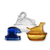 3 EAPG Figural Glasses Robin & Swan on Nest + Bellaire Pig Paperweight