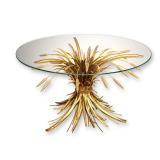 Italian Mid-Century Modern Gilt Metal Sheaf of Wheat Coffee Table w/ Round Glass Top