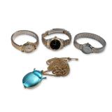 Group of Four Ladies' Wristwatches and Novelty Pendant Watch