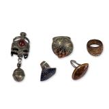 Group of Five Ethnic Style Silver Toned Statement Rings