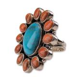 Sterling Silver Turquoise and Spiny Oyster Cluster Ring