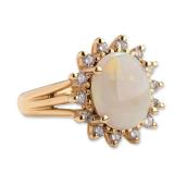 EMA 14K Yellow Gold Opal and Diamond Sunburst Ring