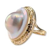 14K Yellow Gold and Mabe Pearl Greek Key Ring