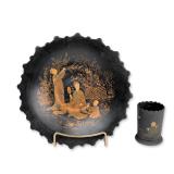2pc Vintage Asian Black Lacquered Chinoiserie Papier Mache Set, Plate and Vase