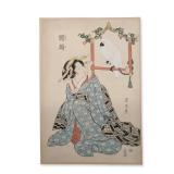 After Keisai Eisen (Japanese 1790-1848) Courtesan and Perched Parrot, Woodcut with Hand-Color on