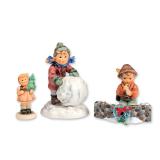 4pc Goebel Hummel Winter Figurines and Dept 56 Holiday Brick Wall