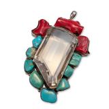 Large Sterling Silver with Turquoise and Coral Pendant