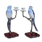 Pair of Italian Blue and White Porcelain Bird Candle Holders