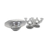 Three-Piece American Etched Glass Candelabra and Centerpiece Bowl