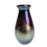 John Barber Iridescent Pulled Feather Art Glass Vase, Signed