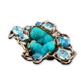 Brutalist Large Sterling Silver Pendant with Turquoise and Blue Topaz