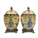 Pair of Vintage Empire Style Yellow & Blue Porcelain Lidded Potiche Urns with Pierced Bronze Mounts