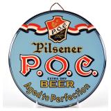 POC Pilsener Beer 1940s Tin-Over-Cardboard Button Sign PERFECTION