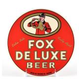 Fox De Luxe Beer 1950s Tin-Over-Cardboard Button Sign MINTY