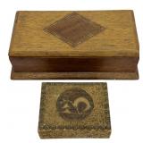 Art Deco Pyrography & Marquetry Wooden Boxes
