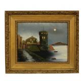 Reverse Glass Painting - Tower Fortress at Night