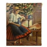 European Oil Painting - Young Girl with Cat