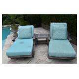 Pair of Giati Teak Chaise Loungers and Barlow Tyrie Mission Side Table