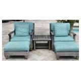 Pair Of Giati Teak Club Chairs And Ottomans With Barlow Tyrie Side Table