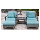 Pair Of Giati Teak Club Chairs And Ottomans With Barlow Tyrie Side Table