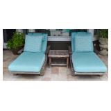 Pair of Giati Teak Chaise Loungers and Barlow Tyrie Mission Side Table