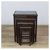 Set of 4 Chinese Carved Wood Nesting Tables with Inset Glass Tops