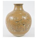 Large Korean Buncheong Style Stoneware Sgraffito Vase