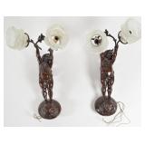 A Pair of Cast Metal Figural Cherub Wall Sconces with Rose Form Glass Shades